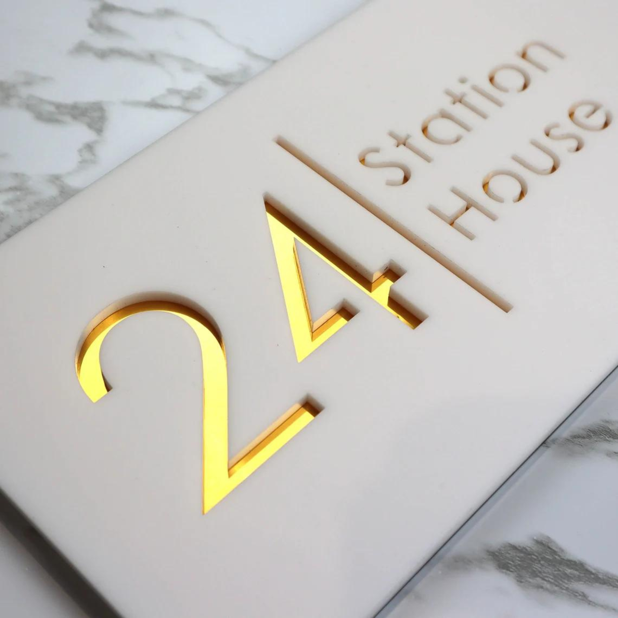 Door Name Plate - White & Gold Mirror Floating House Sign