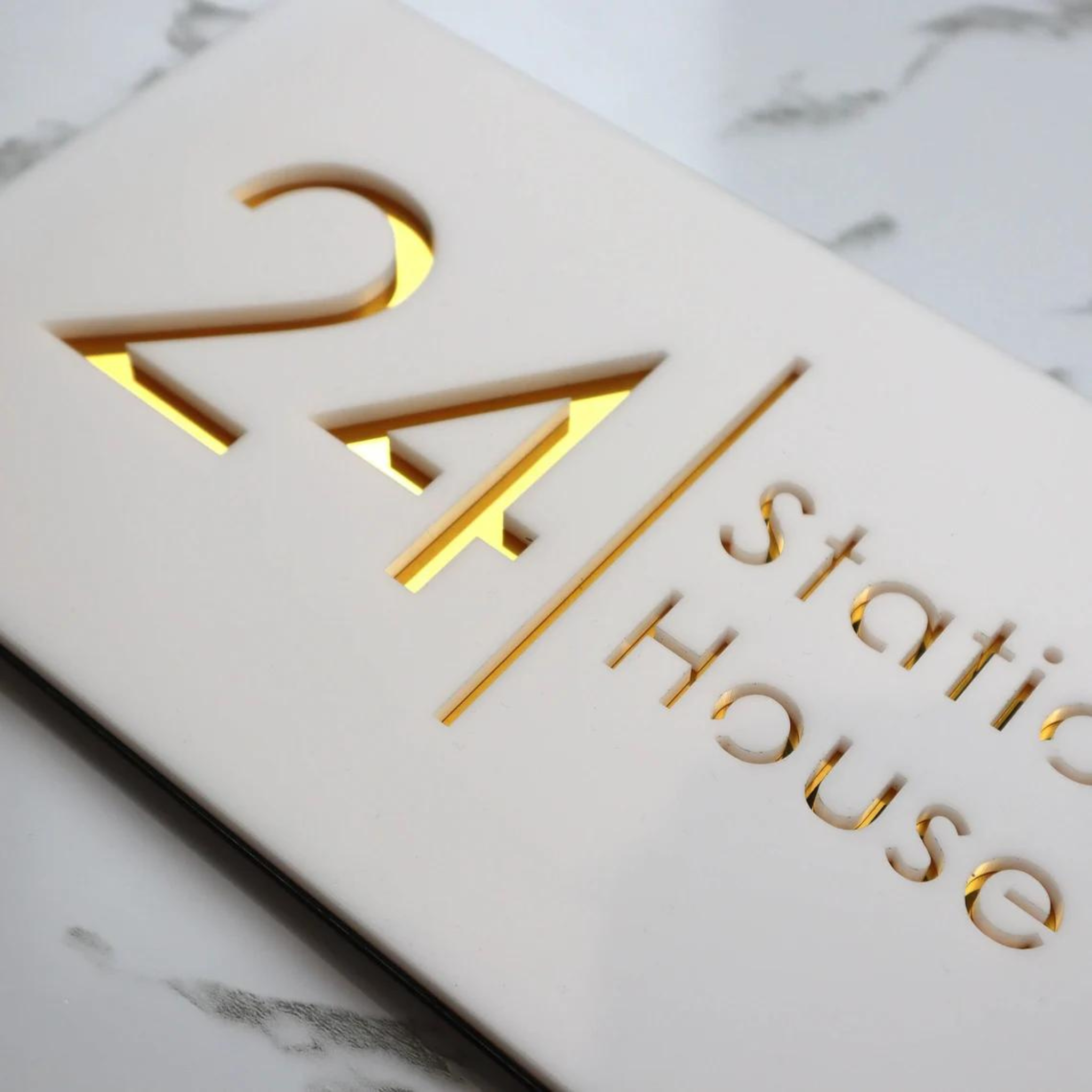 Door Name Plate - White & Gold Mirror Floating House Sign